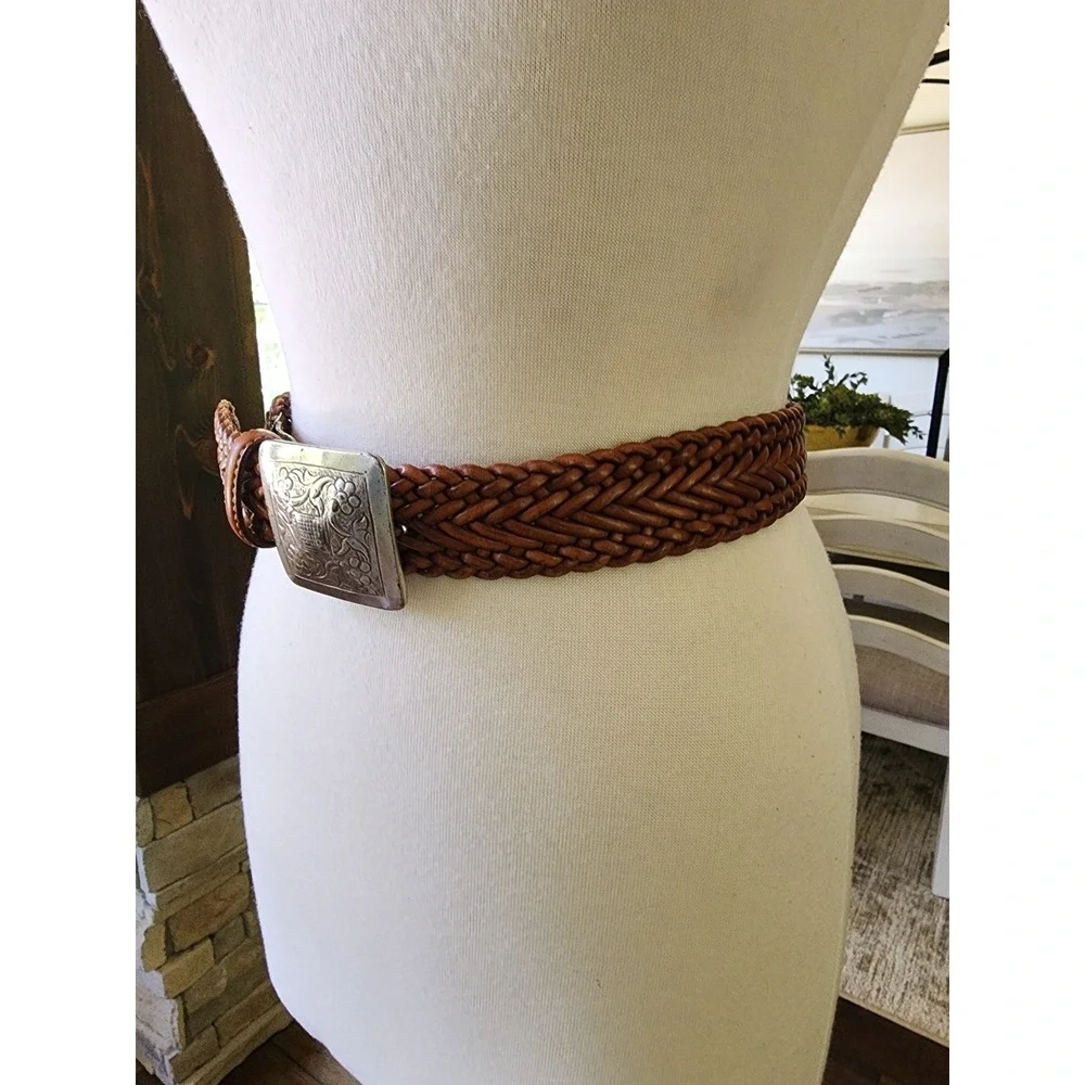 Cognac Brown Braided Leather Belt Silver Floral‎ Engraved Square Buckle Small 34